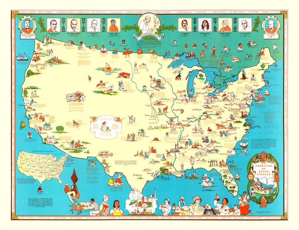 Vintage Map of Americans of Negro Lineage, 1946 print style example
