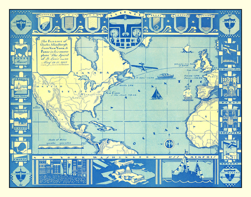 Size comparison using Vintage Map of Flight of Charles Lindbergh, 1927