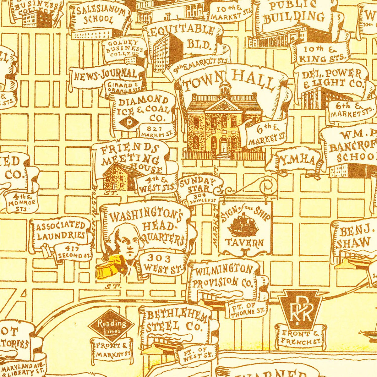 Restored historic details from the 1938 city map of Wilmington, Delaware