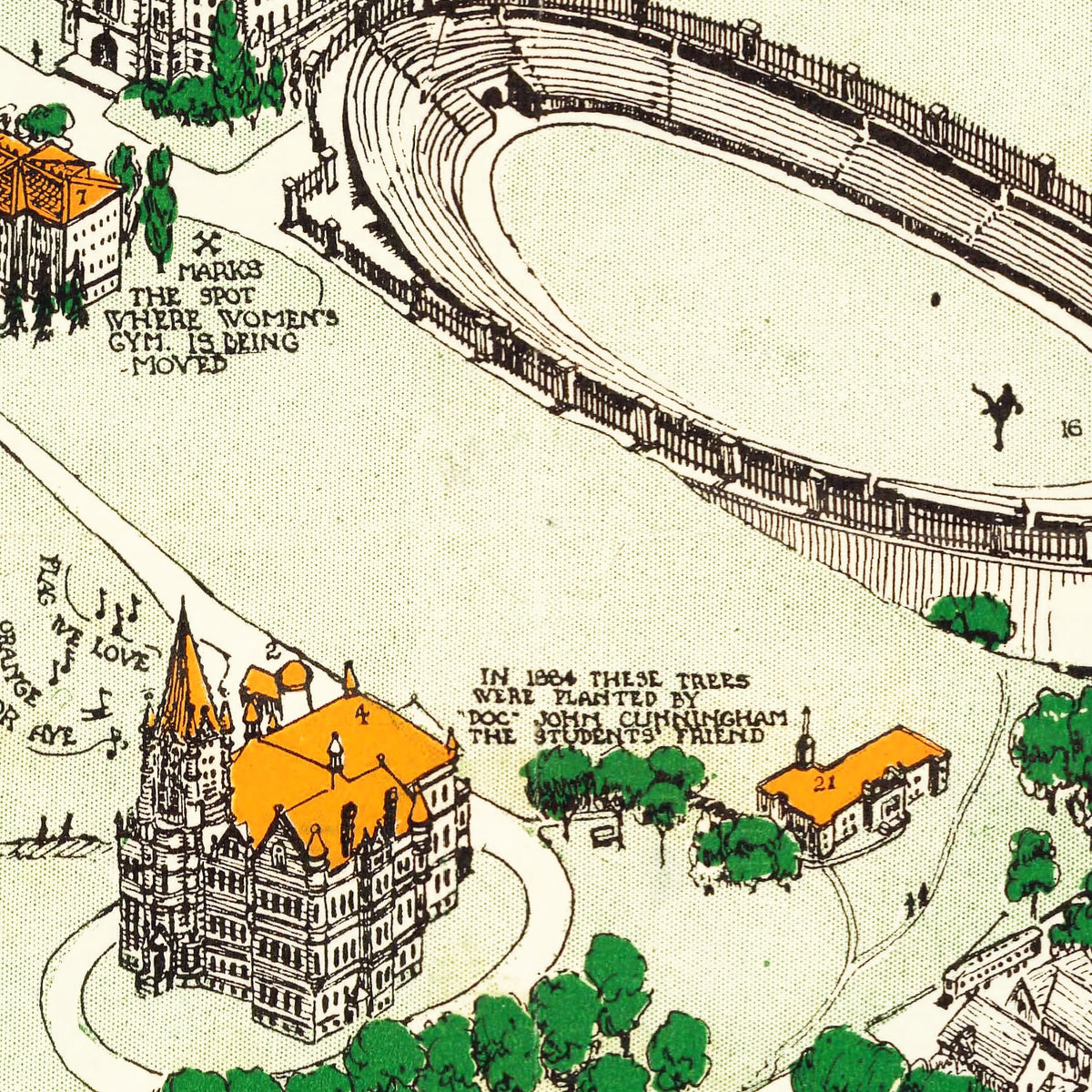 Restored historic details from the 1928 university map of Syracuse, New York