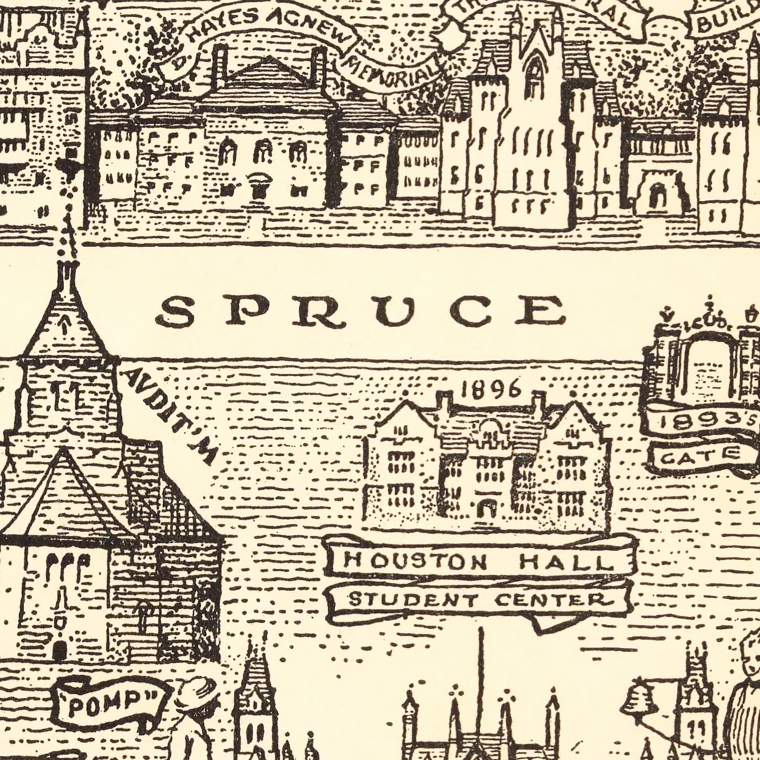 Restored historic details from the 1933 university map of Philadelphia, Pennsylvania