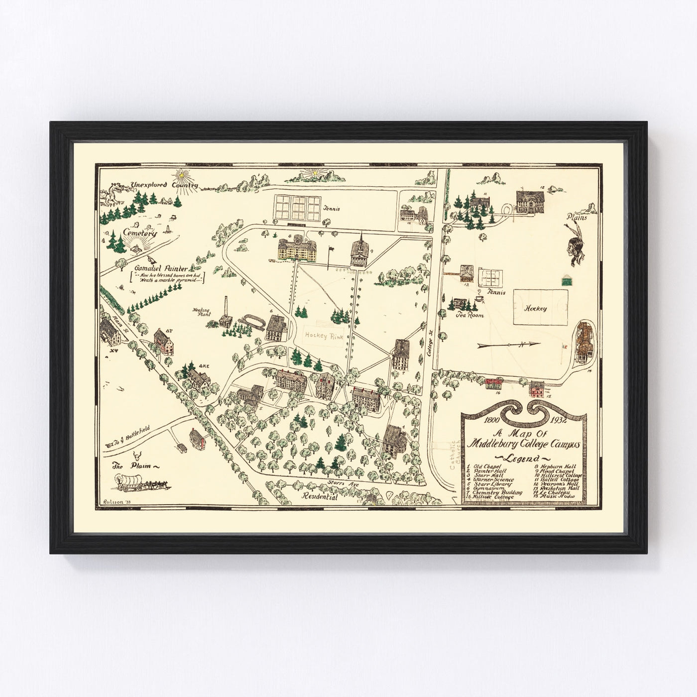 Middlebury College Vintage Map 1933