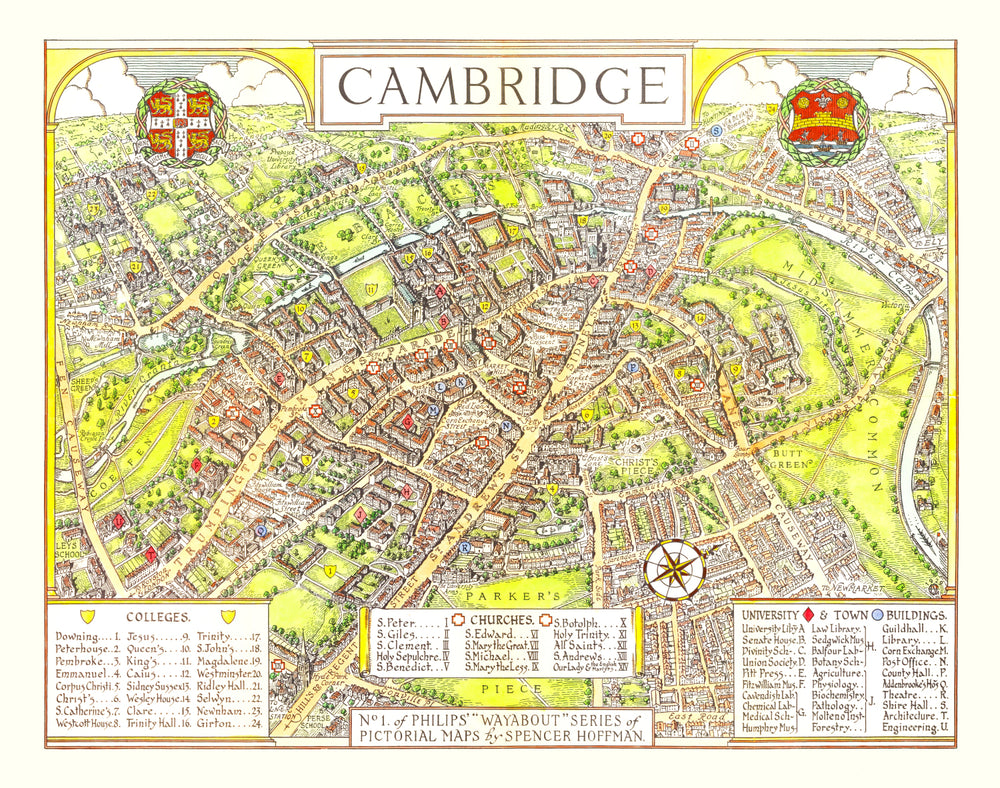 Vintage Map of Cambridge, England 1929 print style example