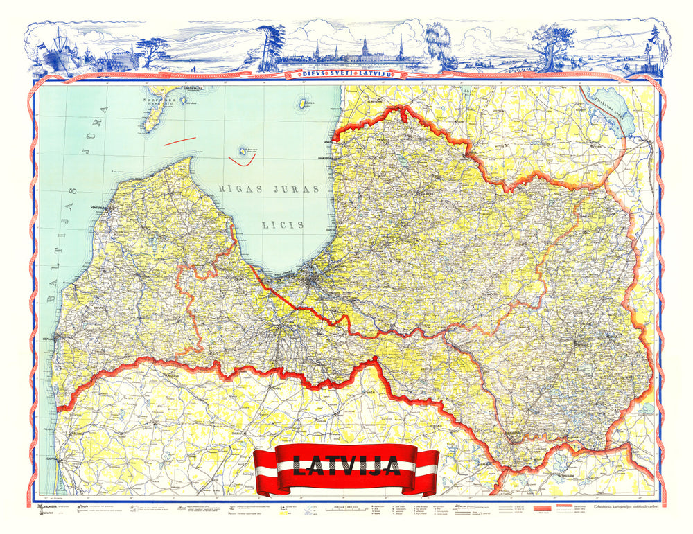 Vintage Map of Latvia 1950 print style example