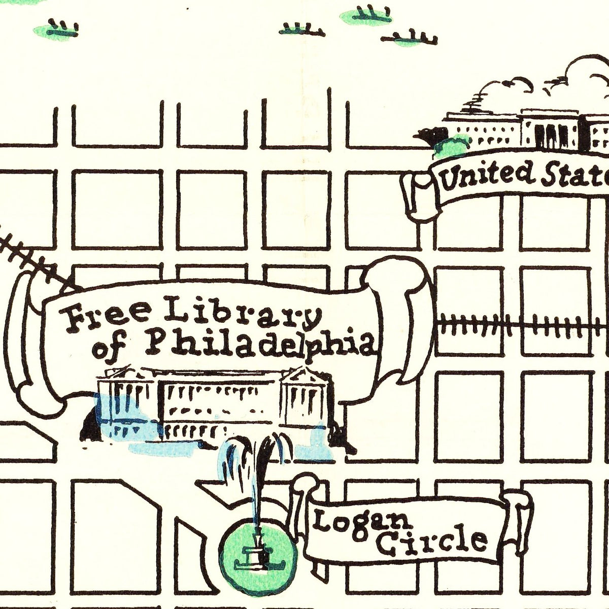 Restored historic details from the 1940 city map of Philadelphia, Pennsylvania