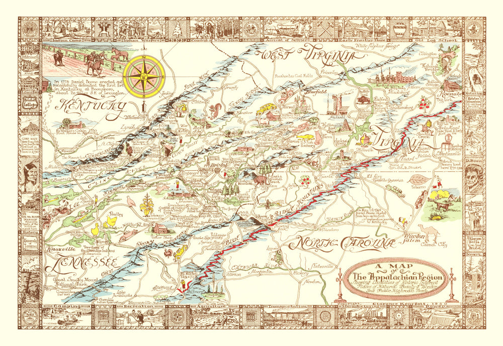 Vintage Map of Appalachia, 1950 print style example