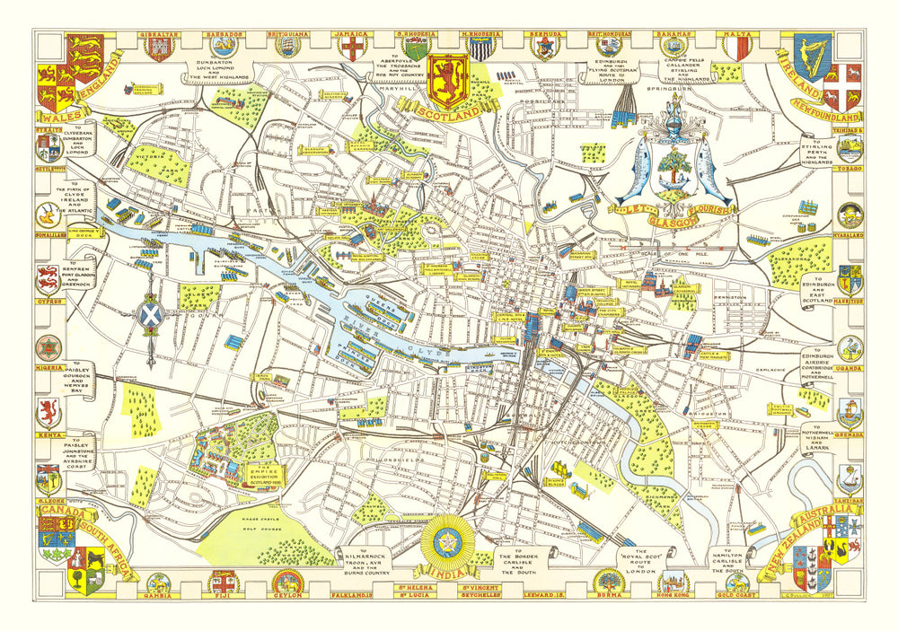 Vintage Map of Glasgow, Scotland 1938 print style example