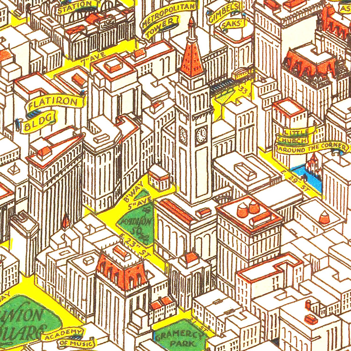 Restored historic details from the 1926 city map of Manhattan, New York