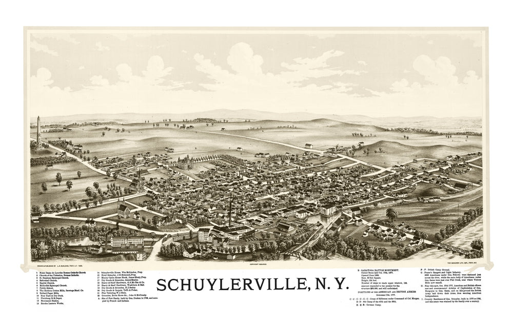 Vintage Map of Schuylerville, New York 1889 print style example