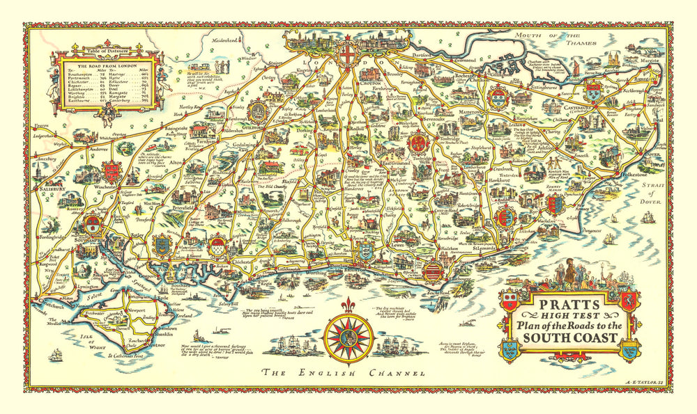 Vintage Map of England's South Coast, 1932 print style example