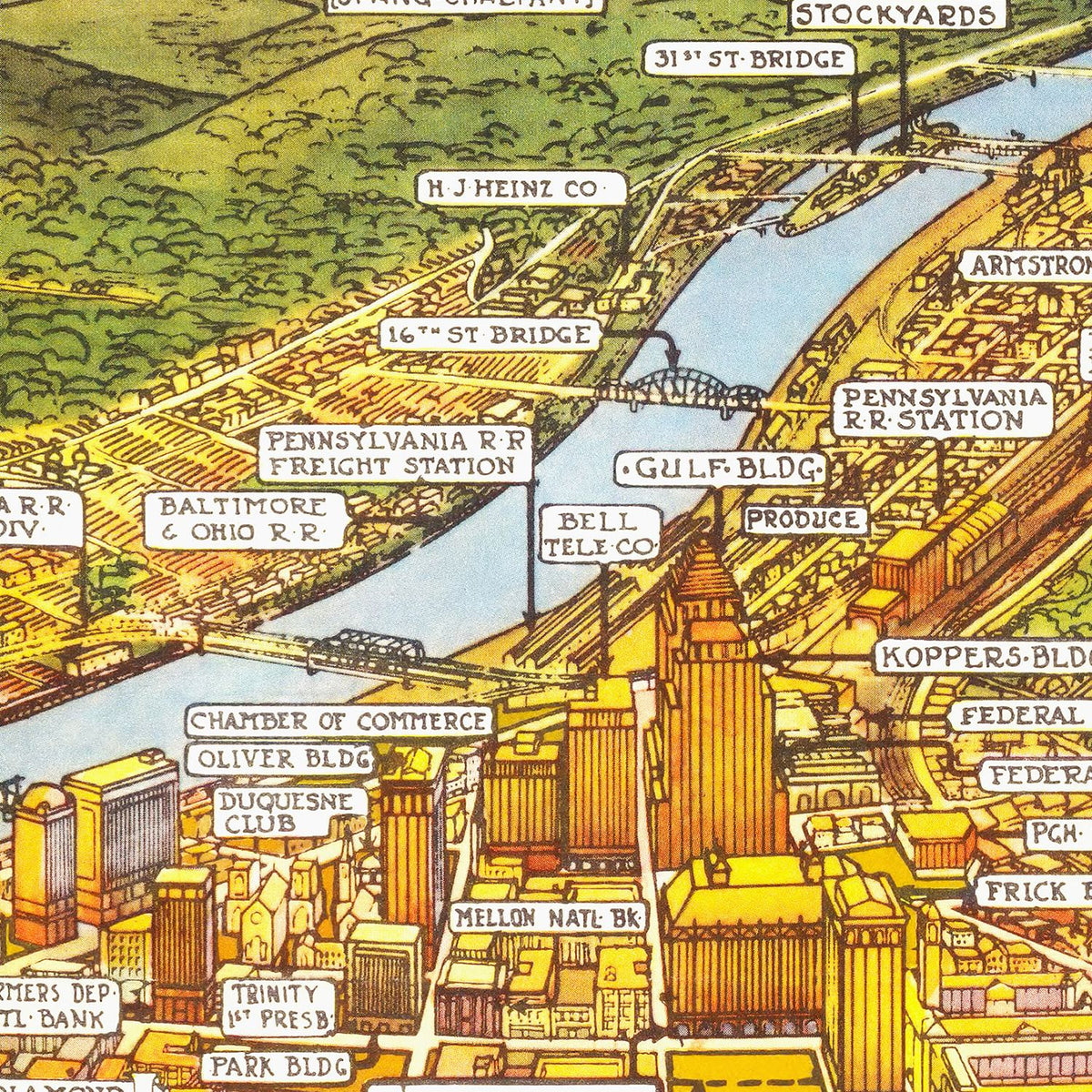 Restored historic details from the 1939 city map of Pittsburgh, Pennsylvania