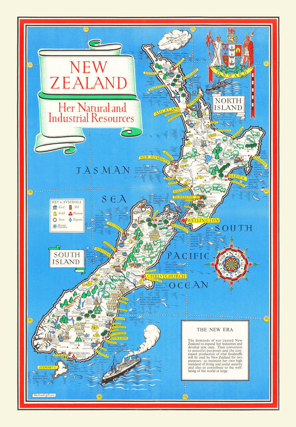 Vintage Map of New Zealand 1943 print style example