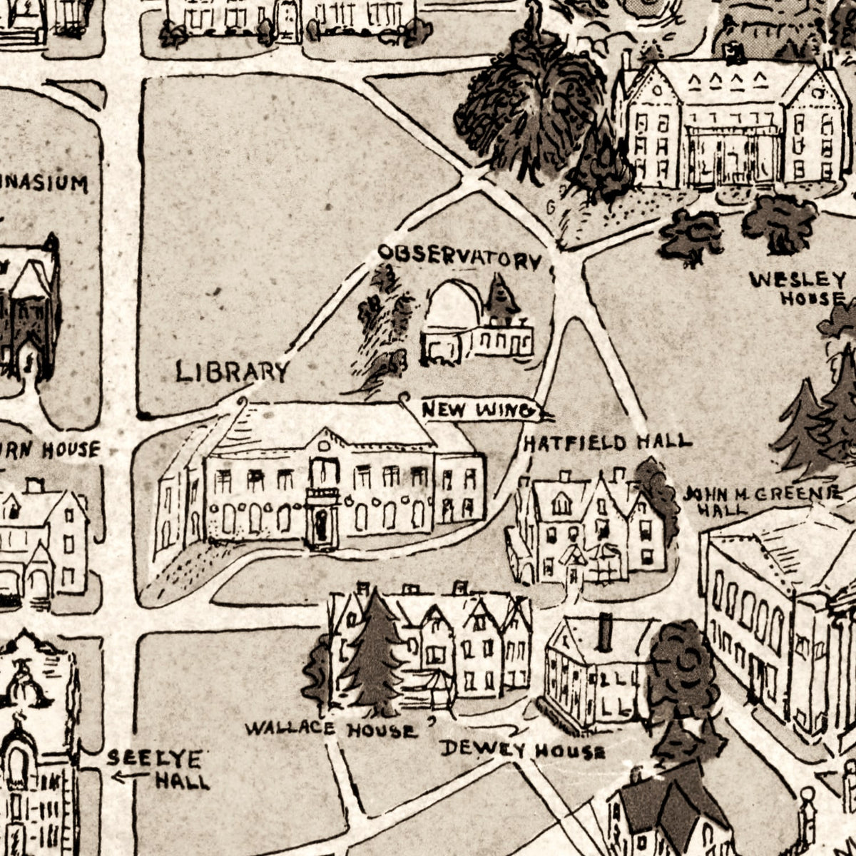 Restored historic details from the 1938 university map of Northhampton, Massachusetts