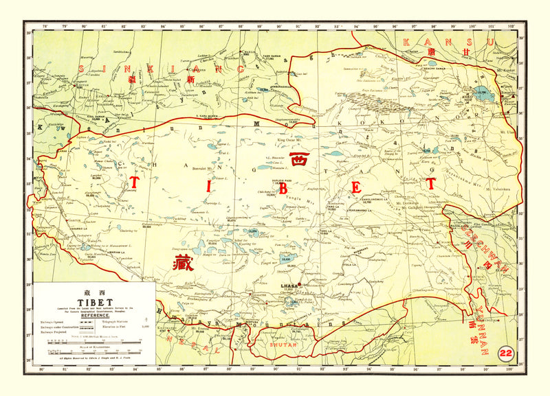 Size comparison using Vintage Map of Tibet China, 1917