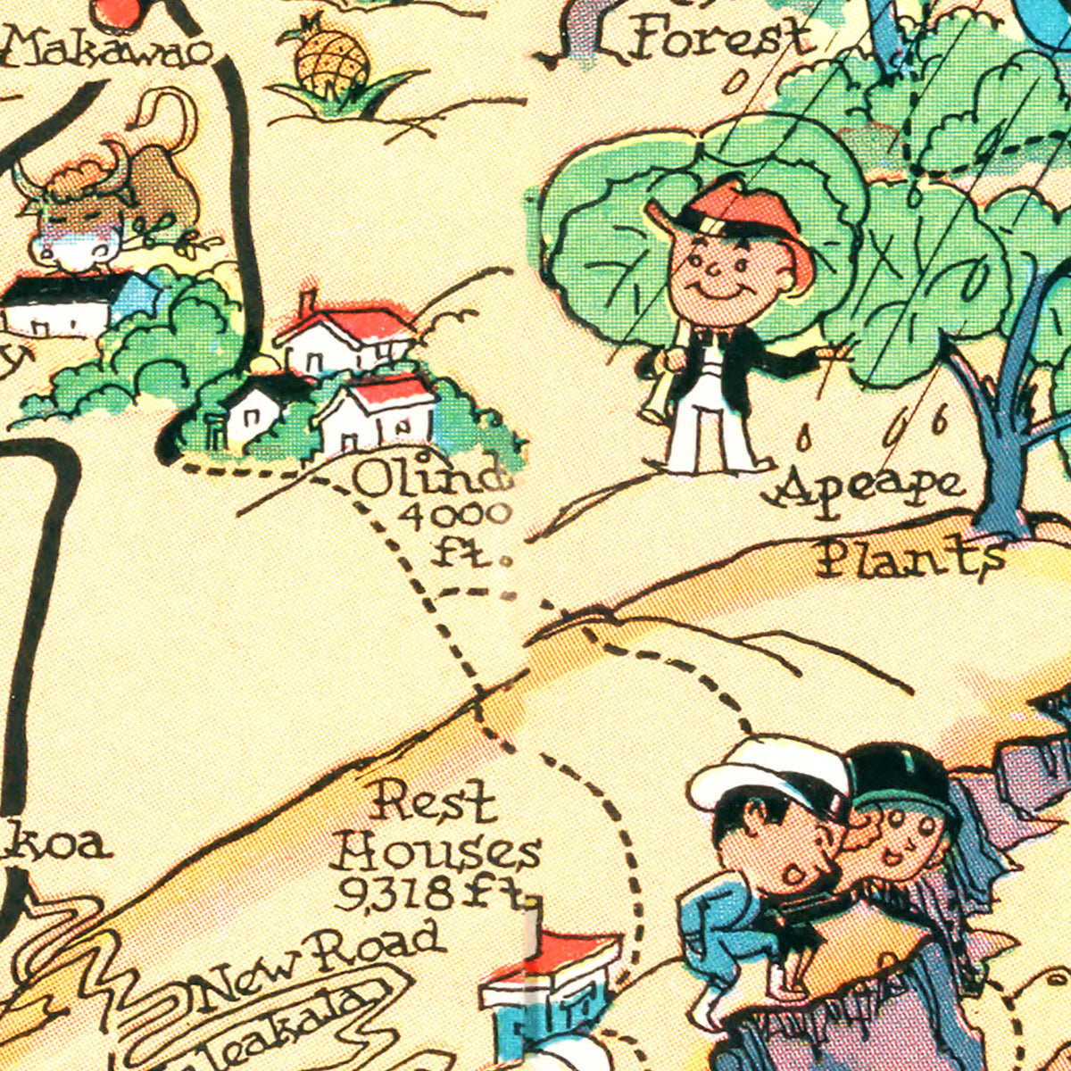 Restored historic details from the 1935 island map of Maui County, Hawaii
