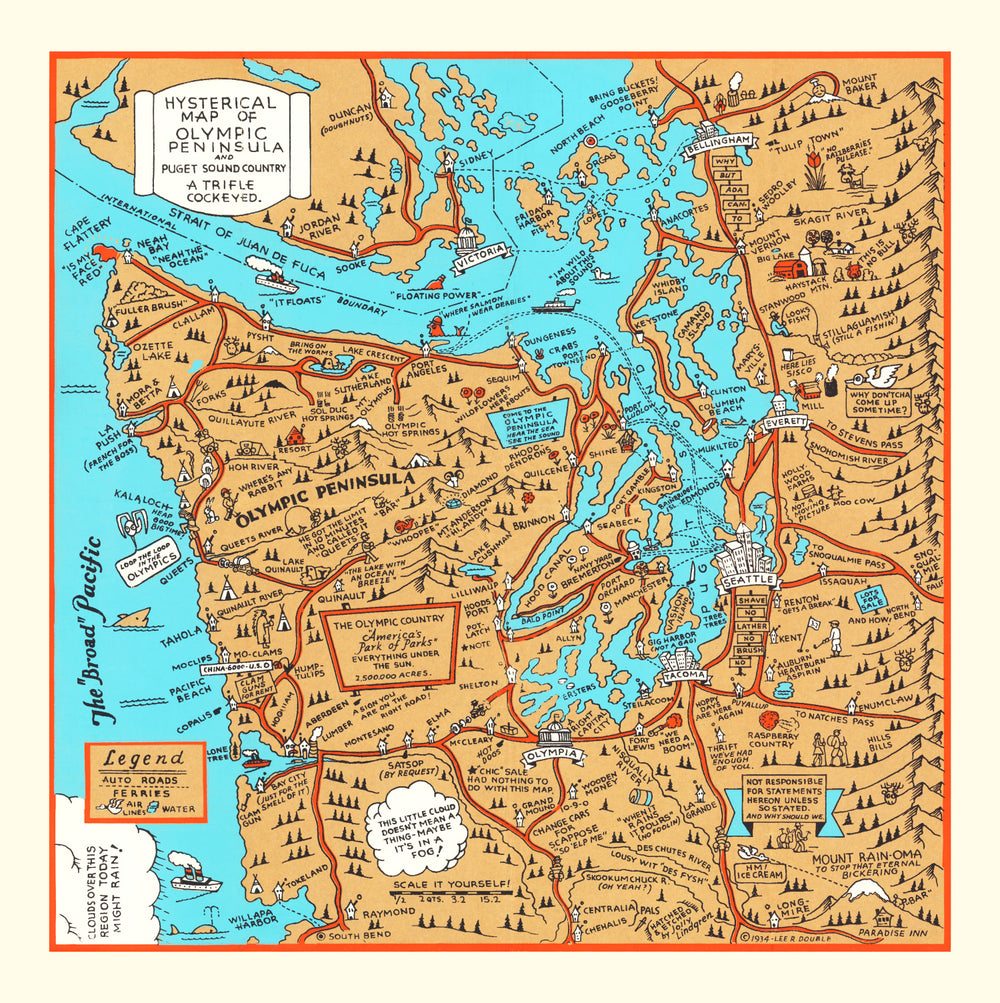 Vintage Map of Olympic Peninsula & Puget Sound, 1934 print style example