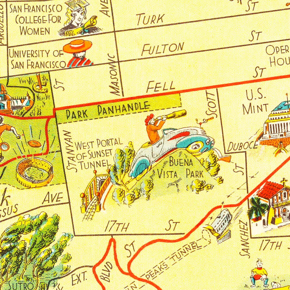Restored historic details from the 1939 city map of San Francisco, California