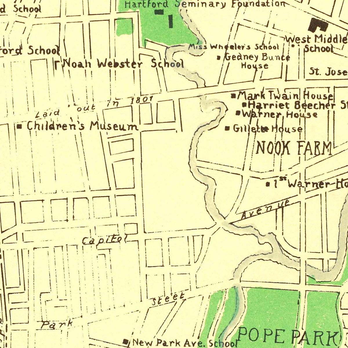 Restored historic details from the 1933 city map of Hartford, Connecticut