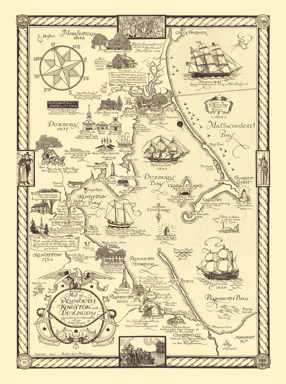 Vintage Map of Plymouth & Duxbury, 1929 print style example