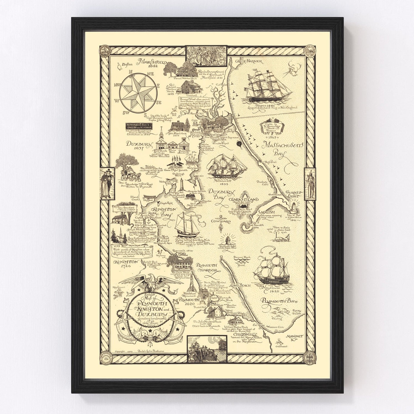 Plymouth, MA Vintage Map 1929