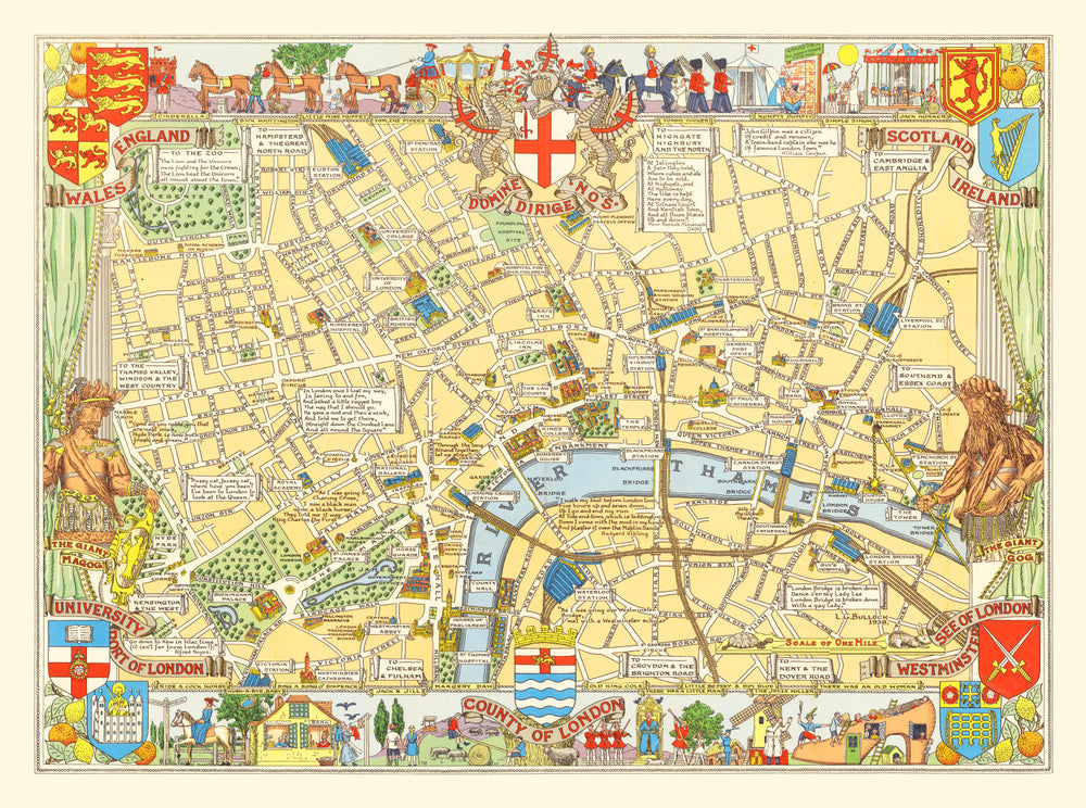 Vintage Children's Map of London, England 1938 print style example