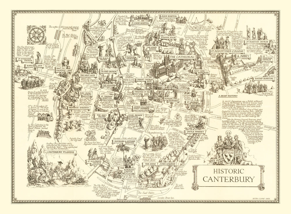 Vintage Map of Canterbury, England 1952 print style example