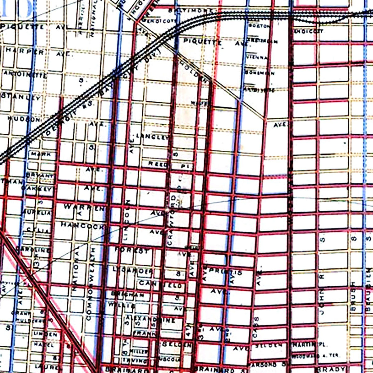 Restored historic details from the 1883 city map of Detroit, Michigan