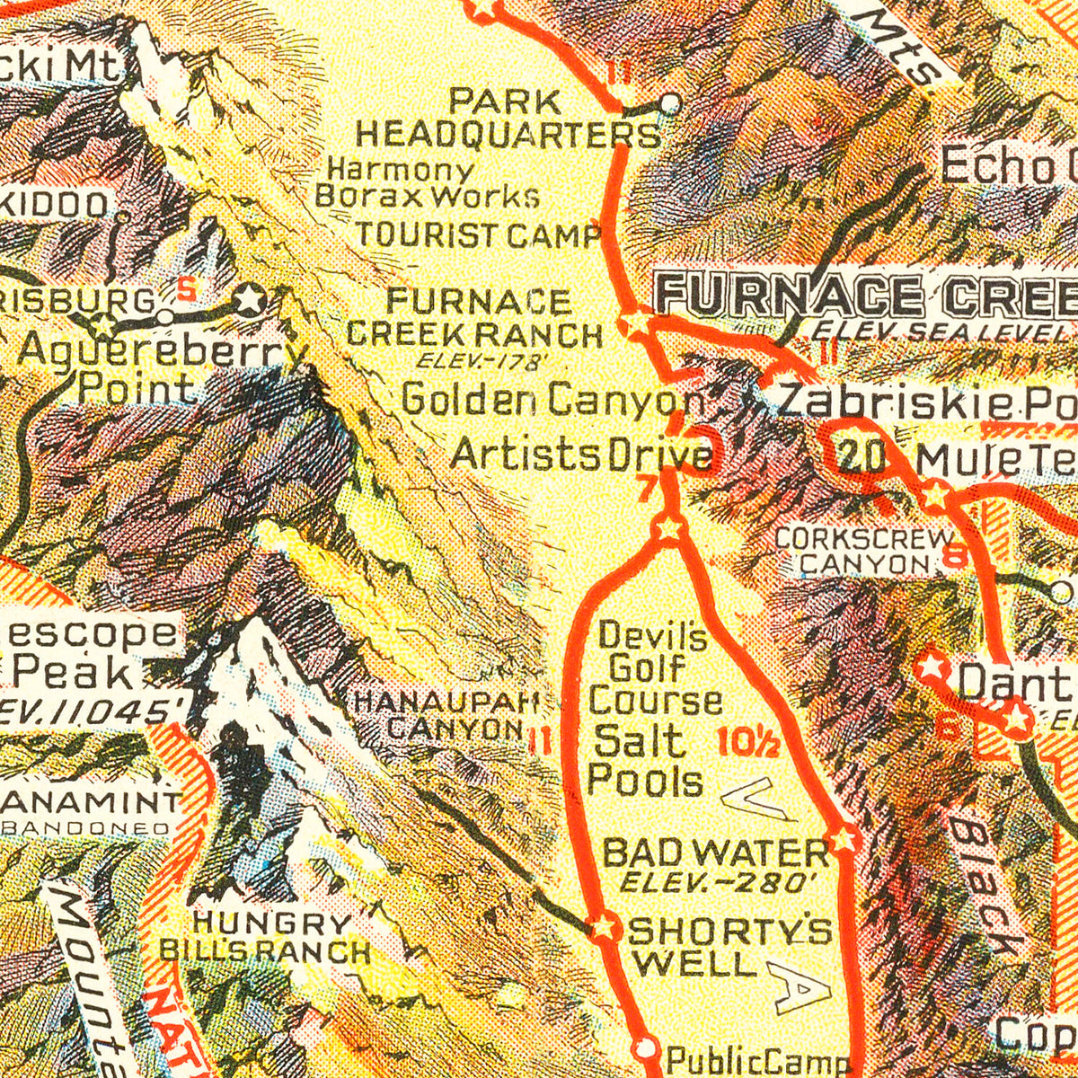 Restored historic details from the 1934 national park map of County, California