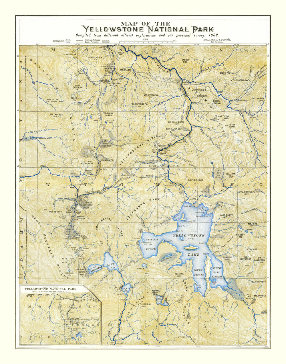 Vintage Map of Yellowstone National Park, 1882 print style example