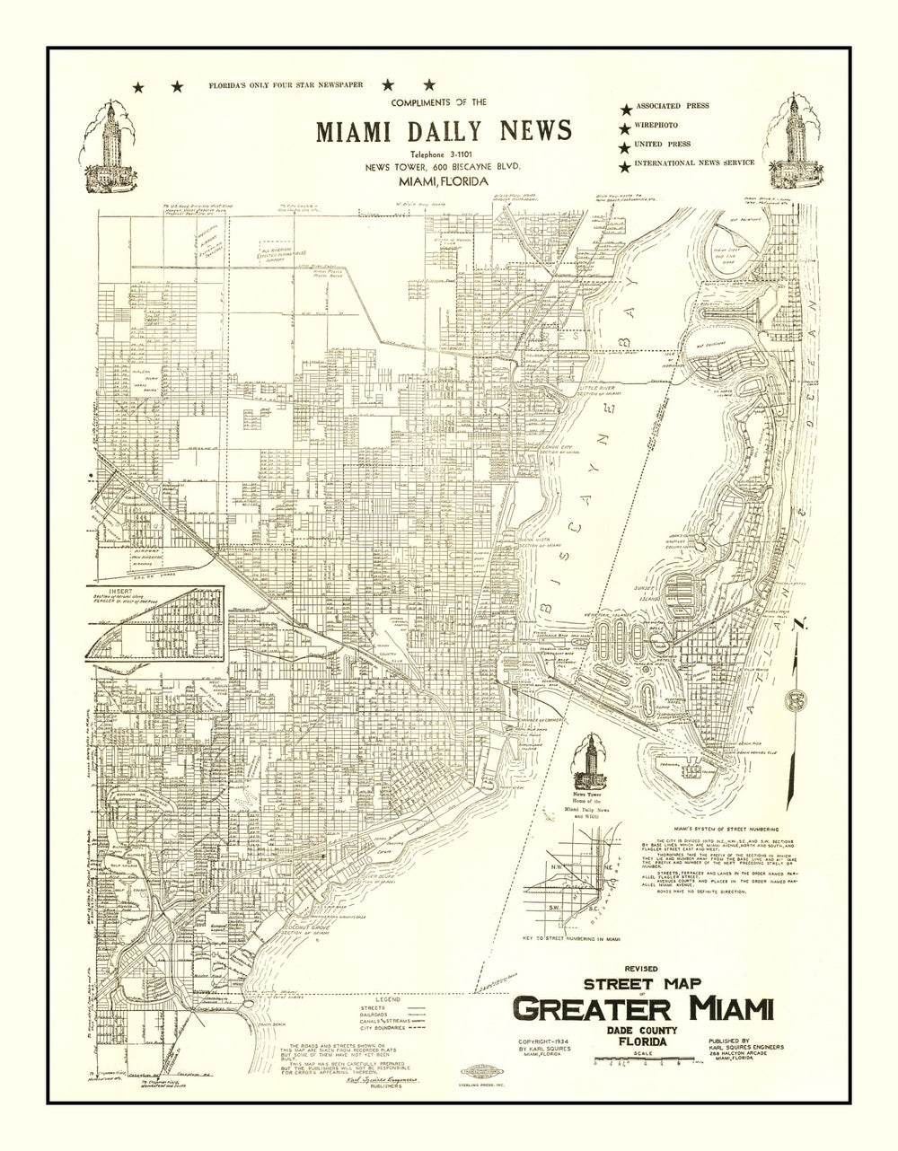 Vintage Map of Miami, Florida 1934 print style example
