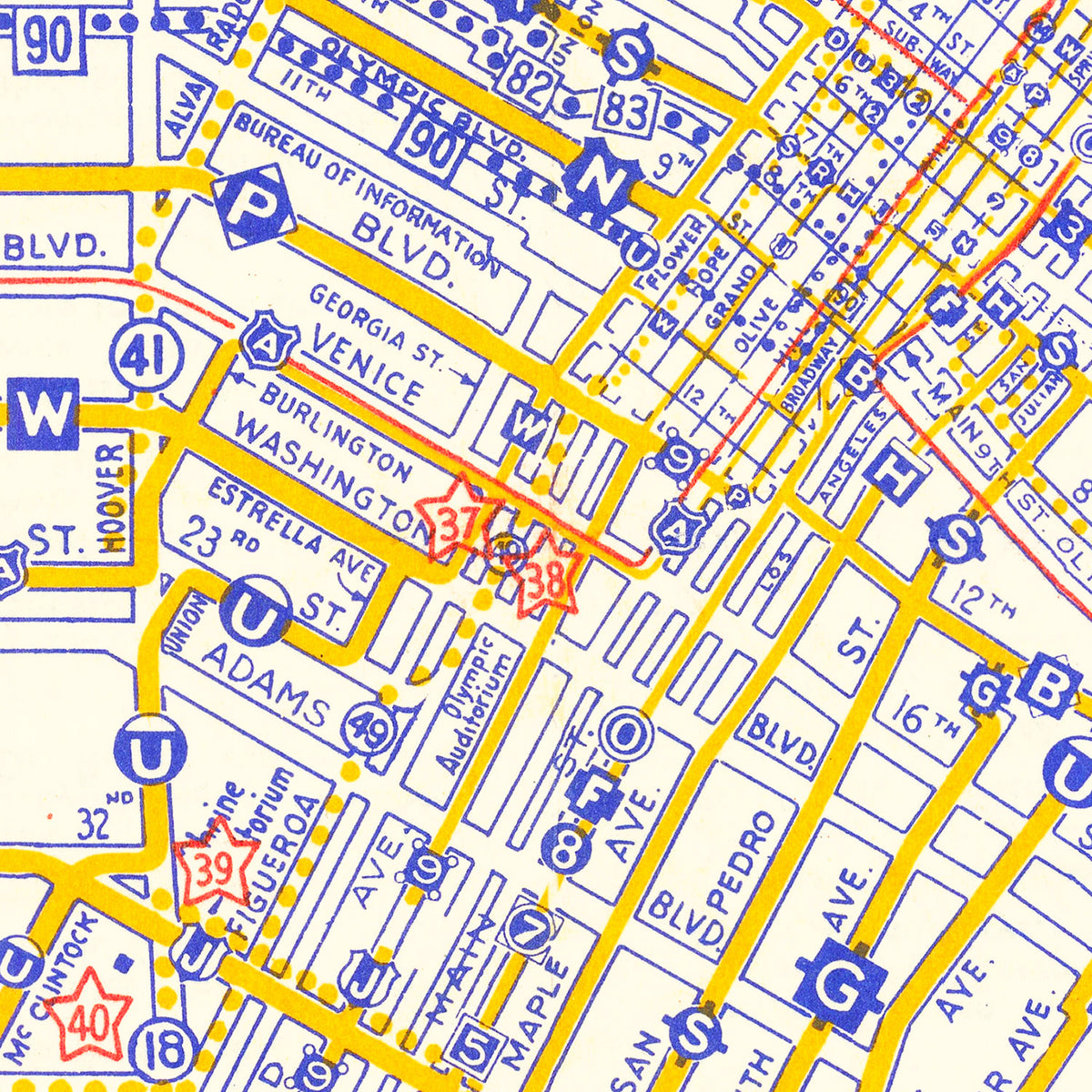 Restored historic details from the 1946 city map of Los Angeles, California