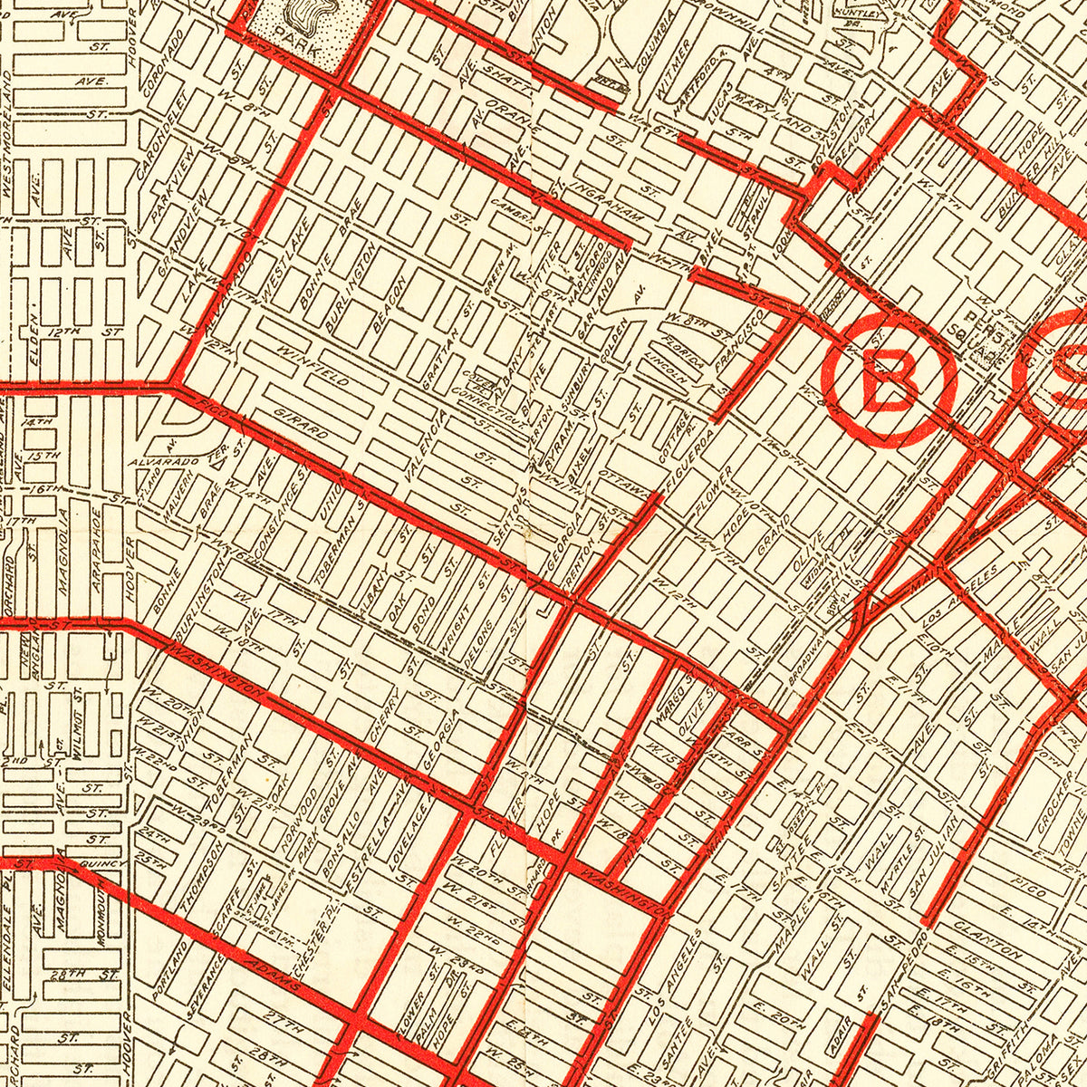 Restored historic details from the 1914 city map of Los Angeles, California