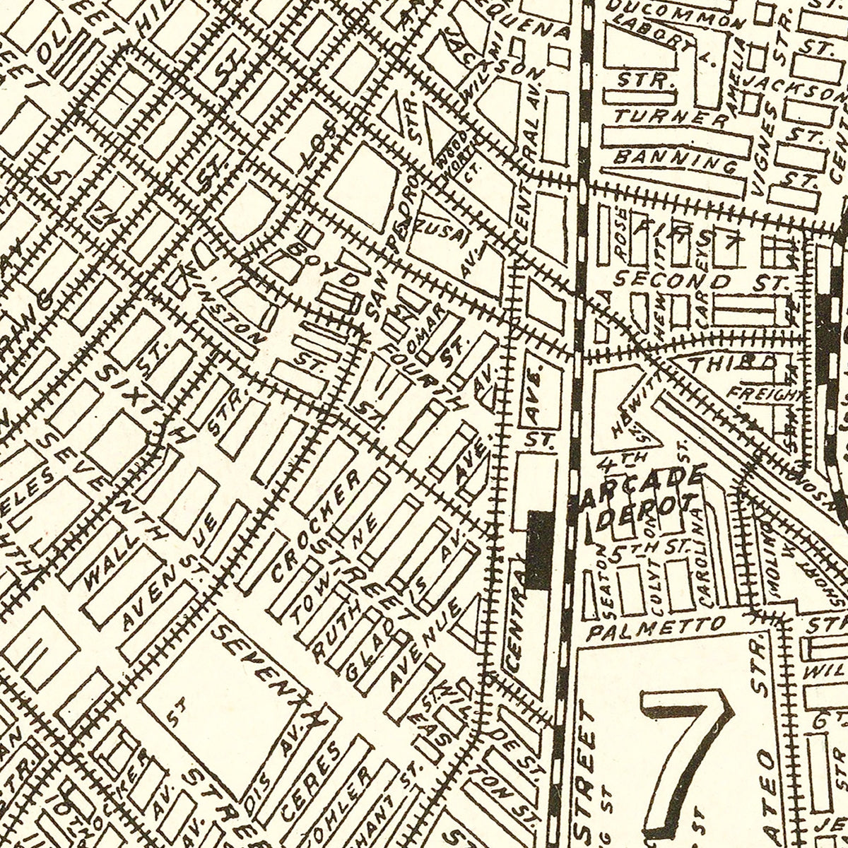 Restored historic details from the 1908 city map of Los Angeles, California