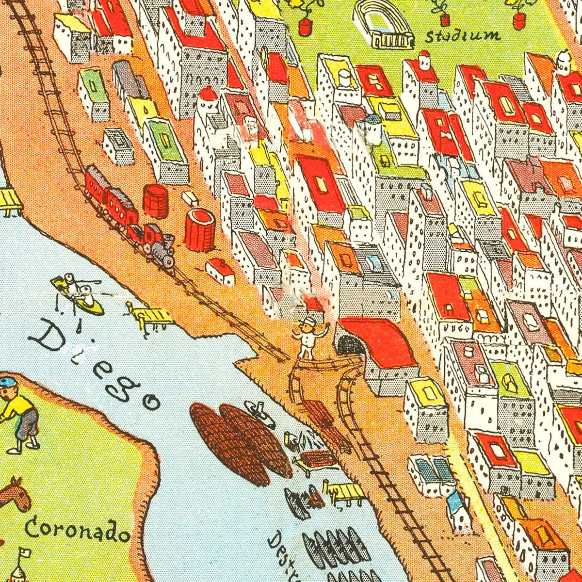 Restored historic details from the 1928 city map of San Diego, California