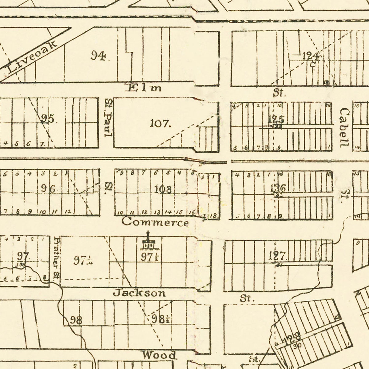 Restored historic details from the 1878 city map of Dallas, Texas