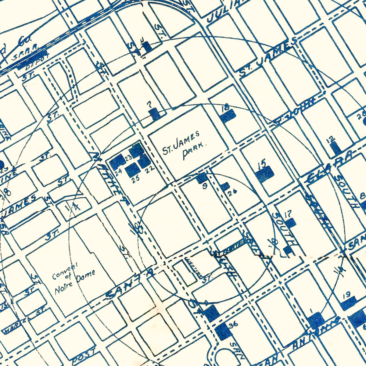 Restored historic details from the 1909 city map of San Jose, California