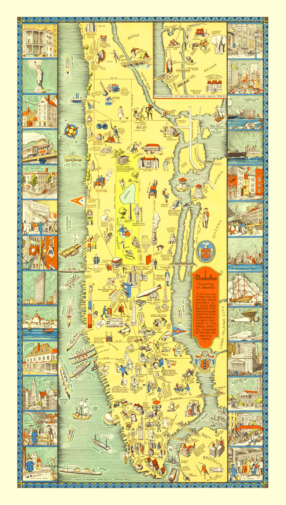 Vintage Map of Manhattan, New York 1933 print style example