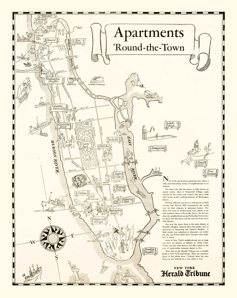 Vintage Map of Manhattan, New York 1935 print style example