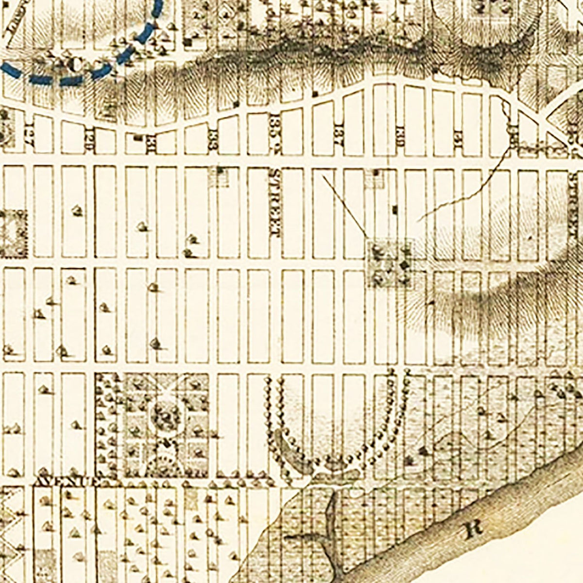 Restored historic details from the 1868 city map of Manhattan, New York