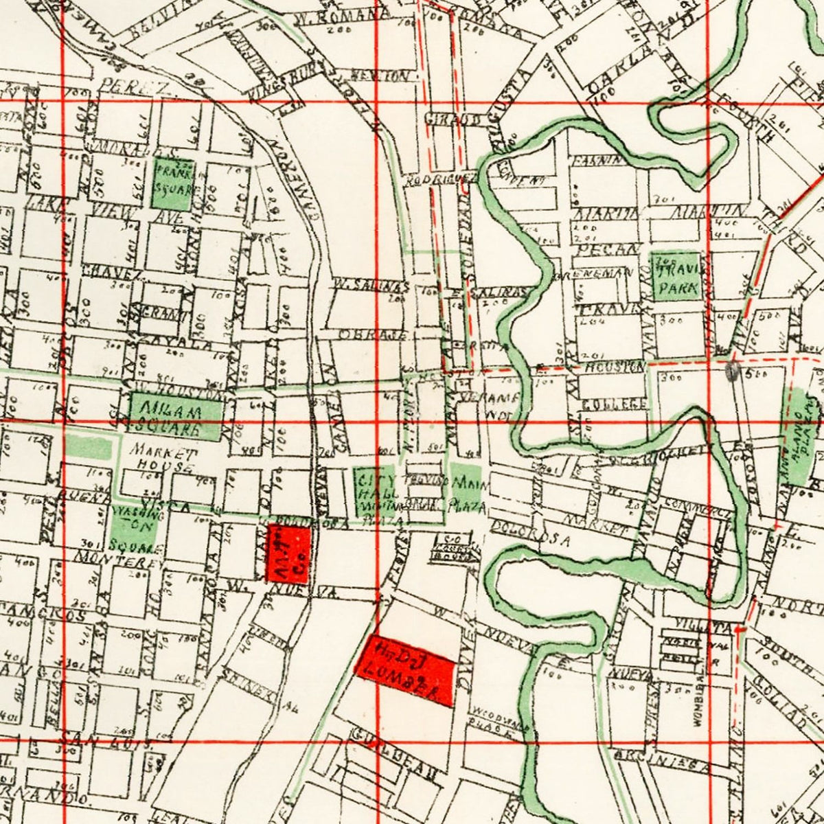 Restored historic details from the 1895 city map of San Antonio, Texas