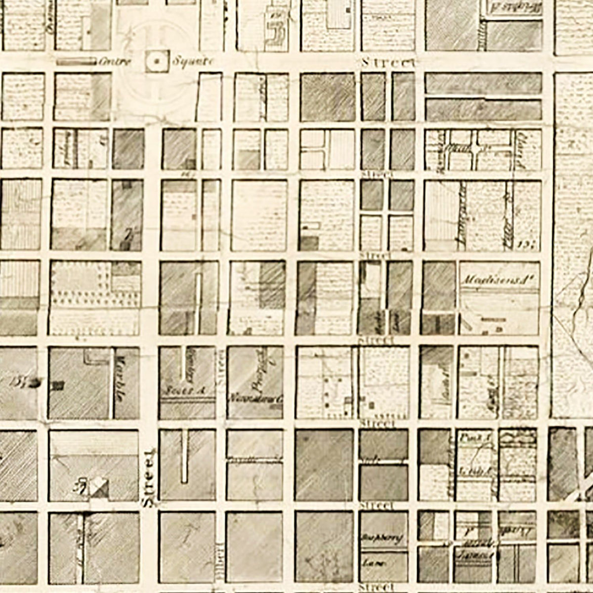 Restored historic details from the 1819 city map of Philadelphia, Pennsylvania