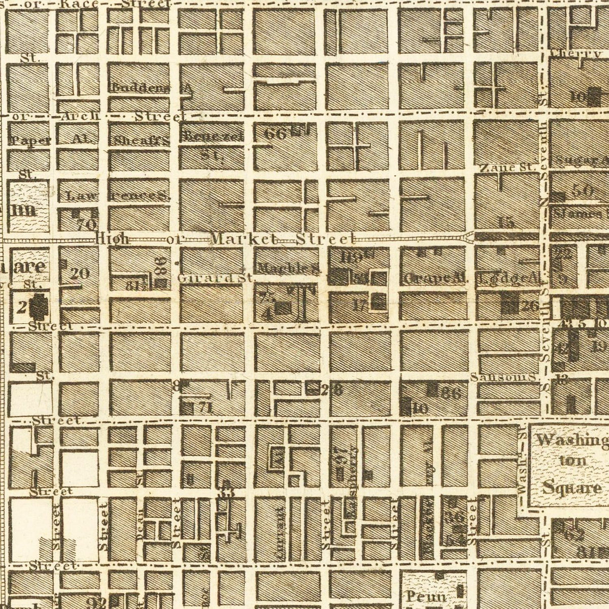 Restored historic details from the 1846 city map of Philadelphia, Pennsylvania