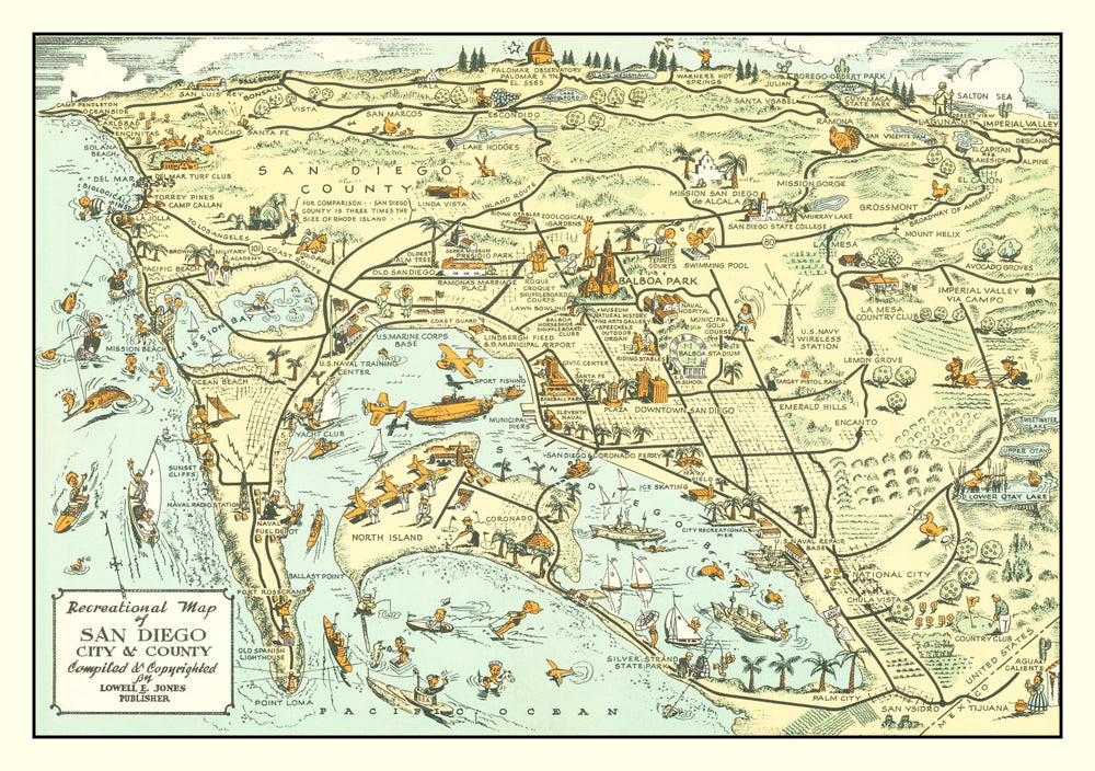 Vintage Map of San Diego County, California 1935 print style example