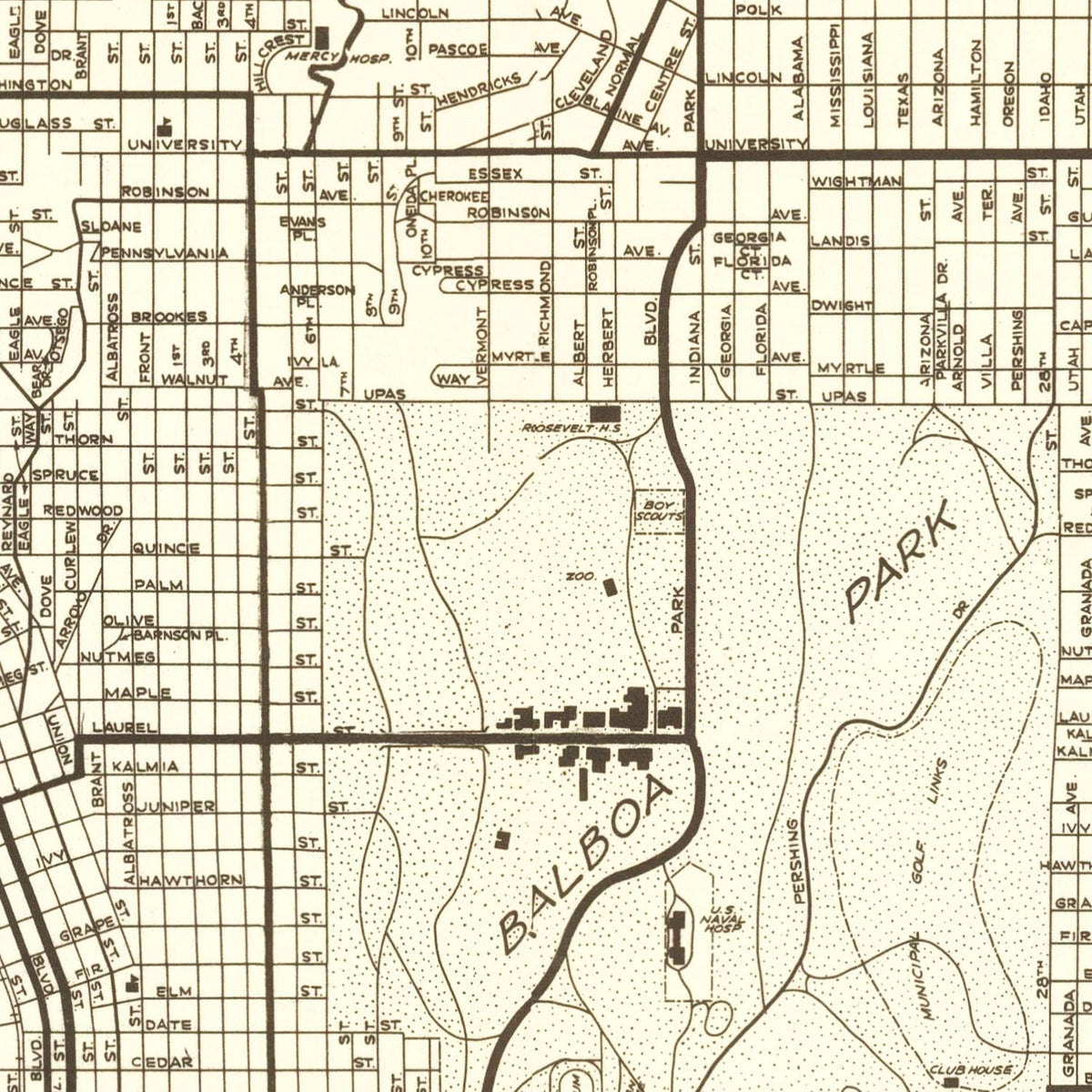 Restored historic details from the 1925 city map of San Diego, California