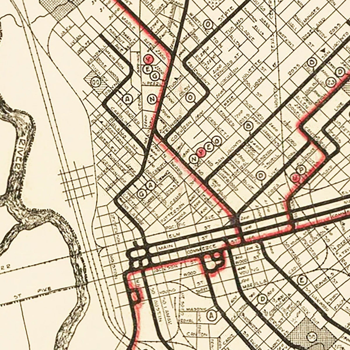 Restored historic details from the 1925 city map of Dallas, Texas