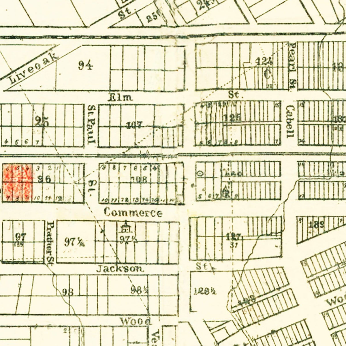 Restored historic details from the 1882 city map of Dallas, Texas