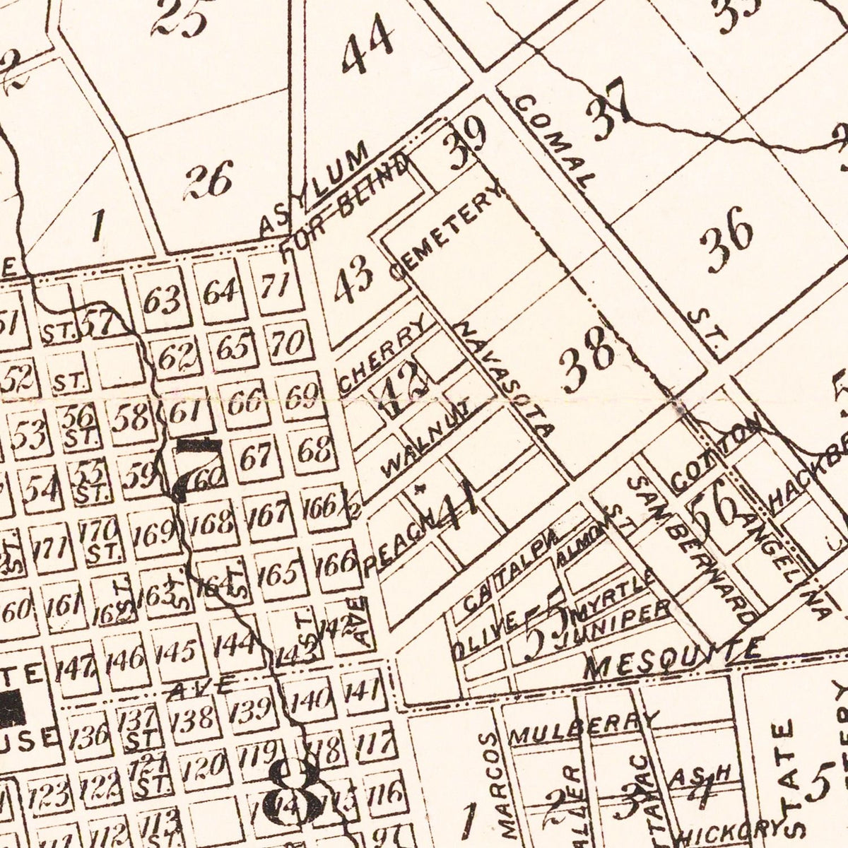 Restored historic details from the 1885 city map of Austin, Texas