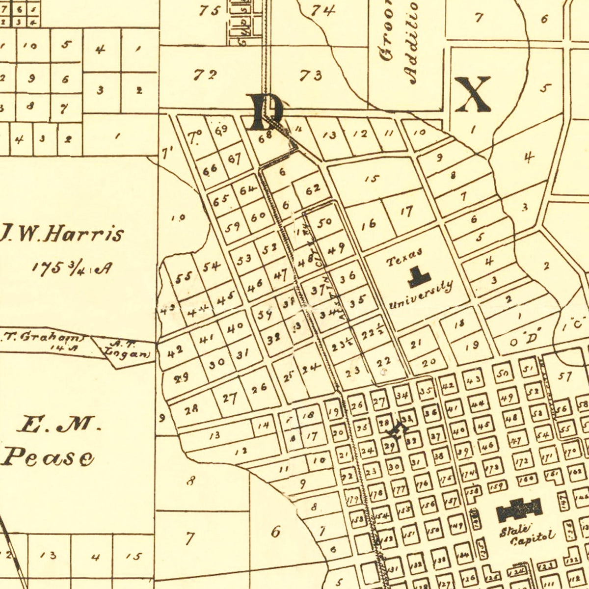 Restored historic details from the 1891 city map of Austin, Texas