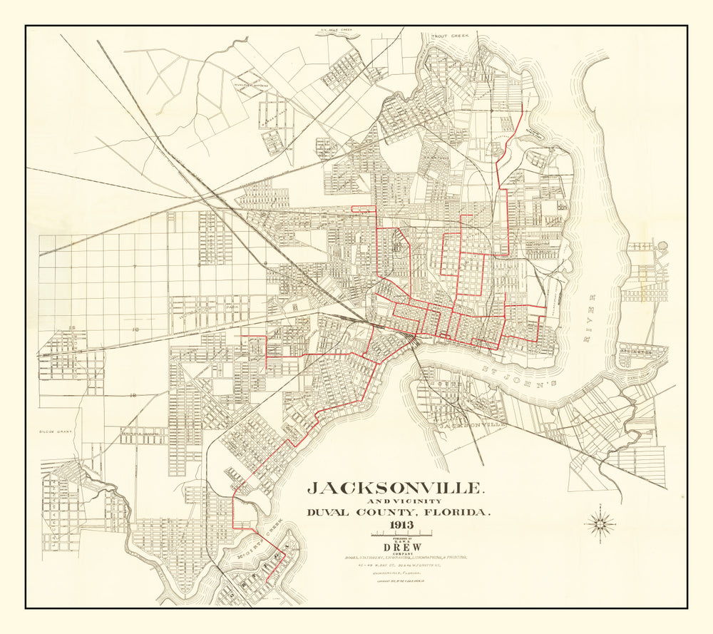 Vintage Map of Jacksonville, Florida 1913 print style example