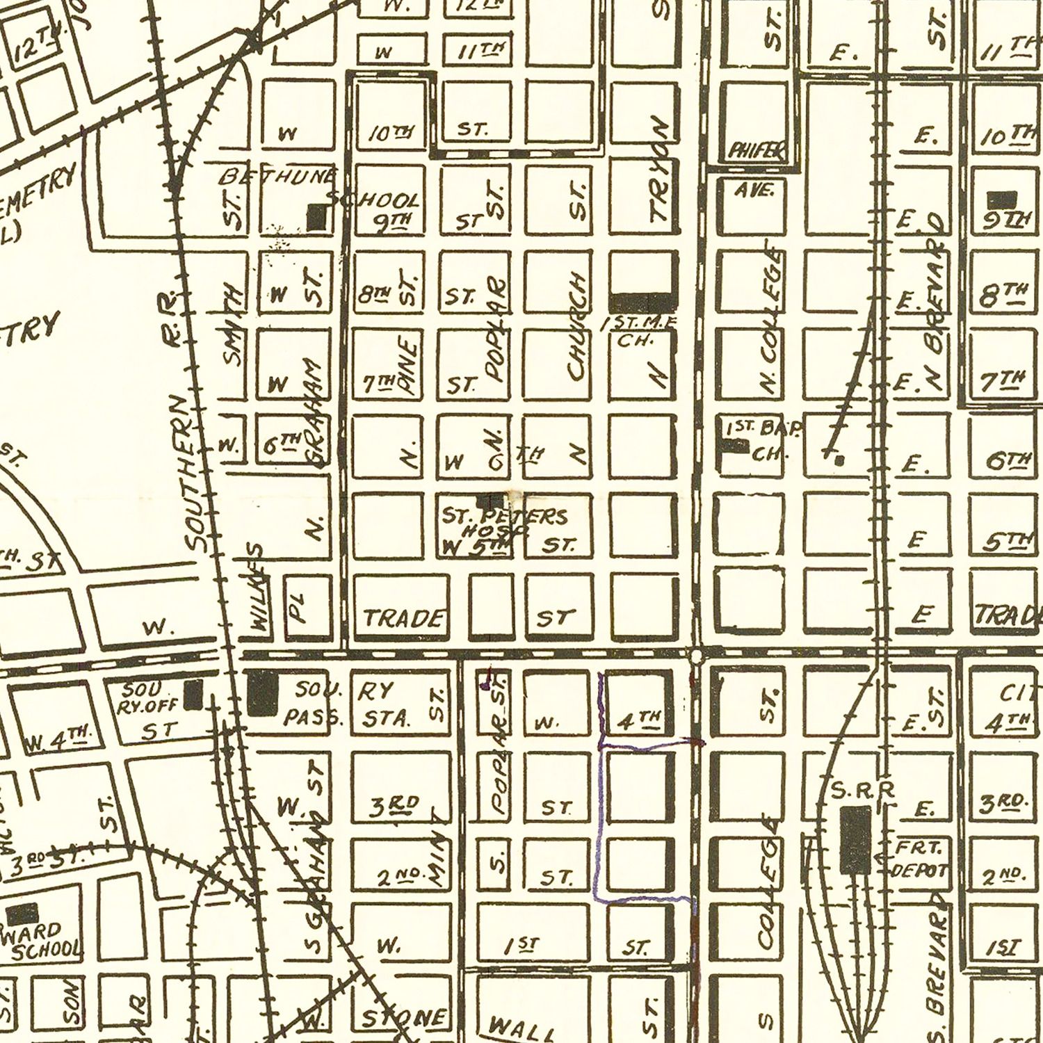 Restored historic details from the 1930 city map of Charlotte, North Carolina